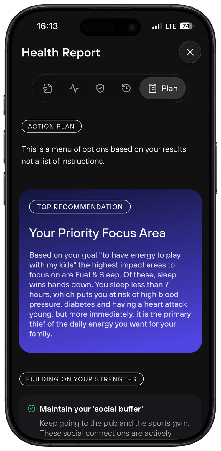Unbound Health Report showing your personalised action plan